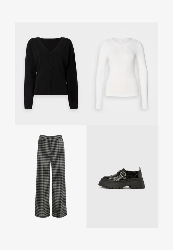 Suéter negro con escote en V, mangas largas y seis botones redondos en la parte delantera. Fabricado con un material suave y texturizado.; Camisa blanca de manga larga hecha de una tela suave y lisa; presenta un cuello redondo y una forma ajustada, sin patrones ni adornos.; ICHI IHKATE - Pantalones - vetiver; Mocasín de charol negro con suela gruesa tipo tracción, detalles de brogue y una correa con hebilla plateada sobre el empeine.