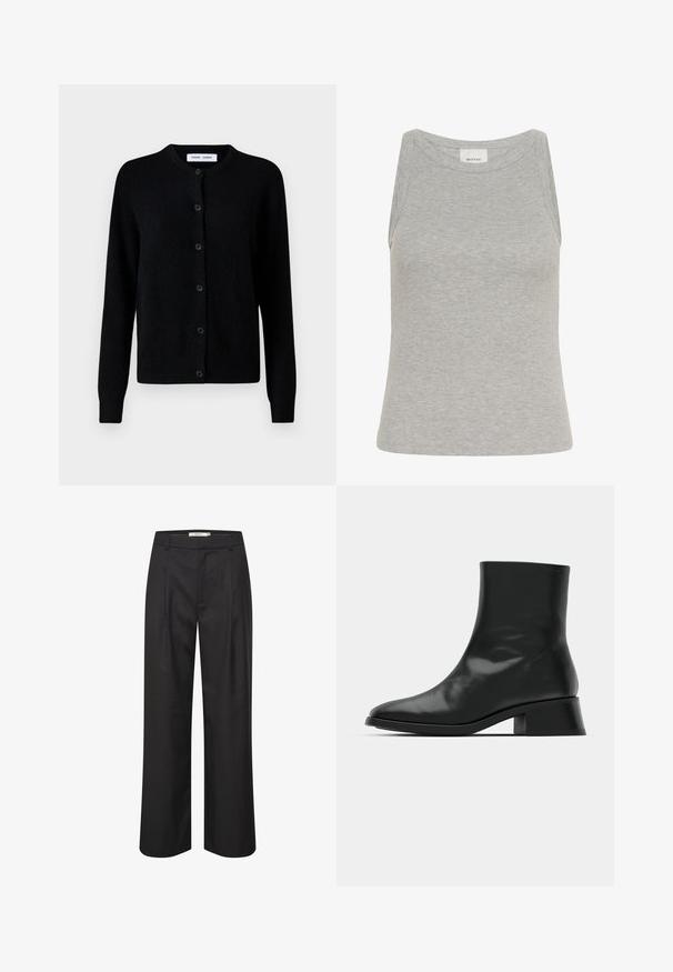 Sort strikjakke med rund halsudskæring, frontknaplukning, lange ærmer, ribbede manchetter og kant, lavet af blødt uldstof.; Grå ribbet tanktop med rund halsudskæring og ærmeløs design. Fremstillet af blødt stof, har en tætsiddende silhuet og minimale syninger.; Sorte breddebenede bukser med en glat overflade, plisseret forside, bæltestropper og en skræddersyet design. Materialet giver et poleret udseende.; Sort ankelstøvle lavet af blank læder, med et strømlinet design, spids tå og en moderat blokhælhøjde for stabilitet.