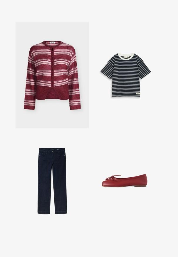 Bordeaux cardigan med knapper og vandrette hvide striber, lange ærmer og rund halsudskæring, vist på en ensfarvet baggrund.; Marineblå t-shirt med korte ærmer, tynde hvide horisontale striber og en hvid rund halsudskæring, lagt fladt på en hvid baggrund.; Mørkeblå denimjeans med lige ben-design, der har forlommer og kontrasterende gule syninger langs sømmene.; BALAGAN PRIMA - Ballerinasko - burgundy