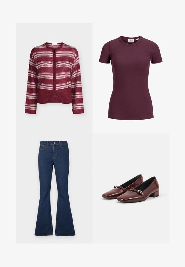 Cardigan bordeaux boutonné avec des rayures blanches horizontales, manches longues et col rond, présenté sur un fond uni.; T-shirt côtelé ajusté à manches courtes couleur prune foncée avec col rond et étiquette avant indiquant la marque JJXX et la taille 5.; Jean en denim bleu foncé avec une taille ajustée et des jambes évasées, doté de poches avant et de surpiqûres contrastées visibles.; Paire de chaussures brillantes rouge foncé à petits talons avec une petite bride à boucle sur le dessus, posées sur un fond gris clair uni.