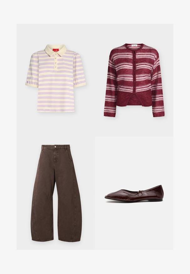 Cardigan bordeaux boutonné avec des rayures blanches horizontales, manches longues et col rond, présenté sur un fond uni.; Polo à manches courtes couleur crème avec des rayures horizontales roses et bleues, un col et quatre boutons sur le devant.; Pantalon marron à jambes larges avec taille haute, fermeture avant à boutons et fermeture éclair, et poches latérales, présenté à plat sur fond blanc.; Chaussure plate marron foncé brillante avec bout pointu et petit détail nœud sur le dessus, présentée sur un fond clair uni.