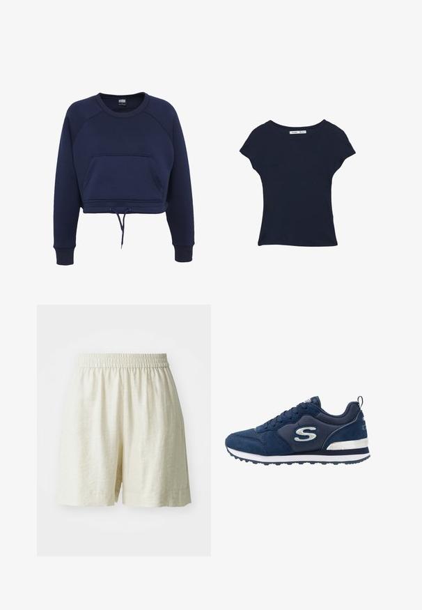 Marineblå cropped sweatshirt i blødt stof med raglanærmer, en frontlomme og snor i kanten. Har ribbede manchetter.; Mørkeblå t-shirt med korte ærmer lavet af blød bomuld. Har rund halsudskæring og en afslappet pasform. Simpelt design uden mønstre eller detaljer.; Linned shorts, cremefarvet, med elastisk talje og løs pasform. Enkel design, glat tekstur og uden synlige mønstre eller hardware.; Mørkeblå sportssko lavet af ruskind og mesh-materialer, med et fremtrædende sølvlogo, struktureret overdel og en hvid mellemsål.