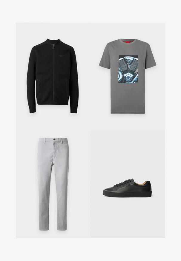 Zwarte jas met ritssluiting en staande kraag, twee zijzakken met rits, en een subtiel "Porsche BOSS"-logo op de linkerborst.; Grijs T-shirt met korte mouwen, met een gedetailleerde afbeelding van een motorblok en het "HUGO"-logo op de borst.; Grijze katoenen chino's met een rechte pasvorm, voorzien van een knoopsluiting, riemlussen en zijzakken. Soepele textuur met minimale stikseldetails.; Zwarte lage leren sneaker met gestructureerd oppervlak, zwarte veters en dikke rubberen zool, zijaanzicht op een lichte achtergrond.