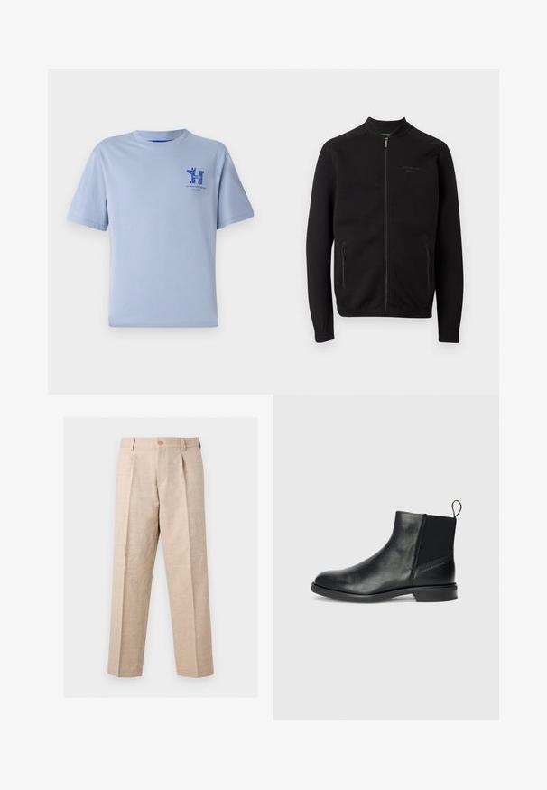 Chaqueta negra con cremallera completa y cuello alto, dos bolsillos laterales con cremallera y logo sutil "Porsche BOSS" en el pecho izquierdo.; Camiseta de algodón de color azul claro con mangas cortas, escote redondo y gráfico impreso en azul en el pecho, que presenta texto y elementos de diseño.; Pantalones beige de pierna recta con pliegues, cierre de botón, trabillas para cinturón y un corte entallado.; Botas de tobillo de cuero negro con paneles laterales elásticos, punta redondeada, tacón bajo cuadrado y una lengüeta en la parte posterior para ponerlas y quitar las fácilmente.