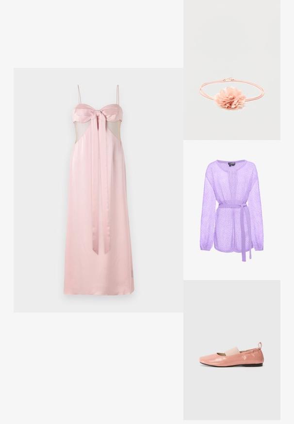 Cardigan lavande en maille ouverte à manches longues avec une ceinture en tissu assortie nouée à la taille, présenté sur un fond blanc.; Robe en satin rose avec des bretelles fines, un détail en nœud au niveau de la poitrine et des découpes latérales transparentes. Longue au sol avec une texture lisse.; Ballerines synthétiques roses avec une texture brillante, un bout carré et une bande élastique douce sur le cou-de-pied. Semelle en caoutchouc noire et tirette à l'arrière.; Bandeau élastique rose avec une fleur en tissu doux aux pétales superposés au centre sur fond blanc.