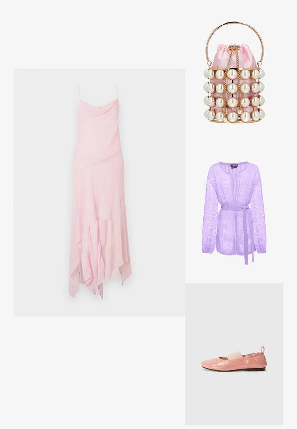 Lavendelkleurige opengewerkte cardigan met lange mouwen en een bijpassende stoffen riem gestrikt in de taille, weergegeven op een witte achtergrond.; Roze midi-jurk met dunne banden, met een gedrapeerde bovenkant en een asymmetrische zoom. Gemaakt van lichte, vloeiende stof met een zachte textuur.; Roze synthetische ballerina's met een glanzende textuur, een vierkante neus en een zachte elastische band over de wreef. Zwarte rubberen zool en een trekknop aan de achterzijde.; Kleine roze satijnen bucket bag met gouden frame, grote namaakparels, gouden ketting trekkoord en een ronde gouden handgreep.