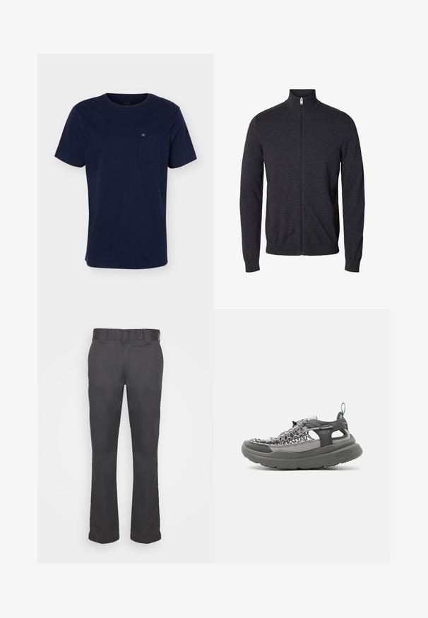 Mørkegrå zip-up sweater med lange ærmer og høj krave, lavet af strikket stof, vist på hvid baggrund.; Marineblå T-shirt med korte ærmer og rund halsudskæring med en brystlomme med et lille logo på en ensfarvet baggrund.; Sorte bukser lavet af glat stof, med lige ben-design, bæltestropper og uden synlige lommer eller pynt.; Sporty grå sandal med flettet overdel, tyk polstret sål, hæl-loop og justerbar snørelukning til udendørs og afslappet brug.