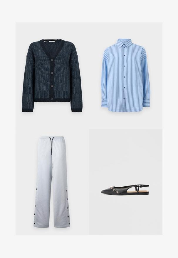 Donkerblauwe gebreide cardigan met een gemarmerd verticaal en horizontaal ribbelpatroon, V-hals, lange mouwen en vier knopen aan de voorkant.; Lichtblauw hemd met lange mouwen en knopen, met dunne verticale donkere strepen en een puntige kraag, afgebeeld tegen een effen achtergrond.; Lichtgrijze trainingsbroek met een glanzende textuur, voorzien van een elastische tailleband, zwarte koord en drukknoopjes langs de zijnaad.; Zwarte leren platte slingback met puntige neus, gouden sieraden op het bovenwerk en een klein gespbandje bij de hiel.