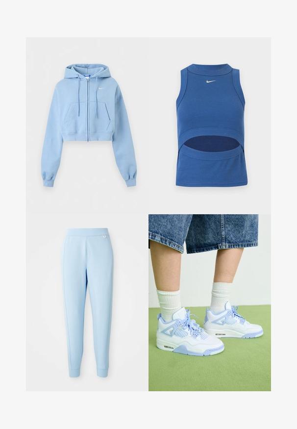 Lichtblauwe cropped zip-up hoodie met voorzakken, trekkoord in de capuchon, geribde boorden en klein wit Nike-logo op de borst.; Blauw mouwloos Nike crop top met hoge hals en een uitsnede bij de buik, geribde stof en wit Swoosh-logo middenvoor.; Lichtblauwe joggerbroek gemaakt van zacht materiaal, met een gladde textuur, tappere benen en een subtiele logo-accent aan de zijkant.; Witte en lichtblauwe sneakers met gaasaccenten, een ronde neus, veters en een luchtkusseneenheid, gecombineerd met witte geribde sokken en denim short.