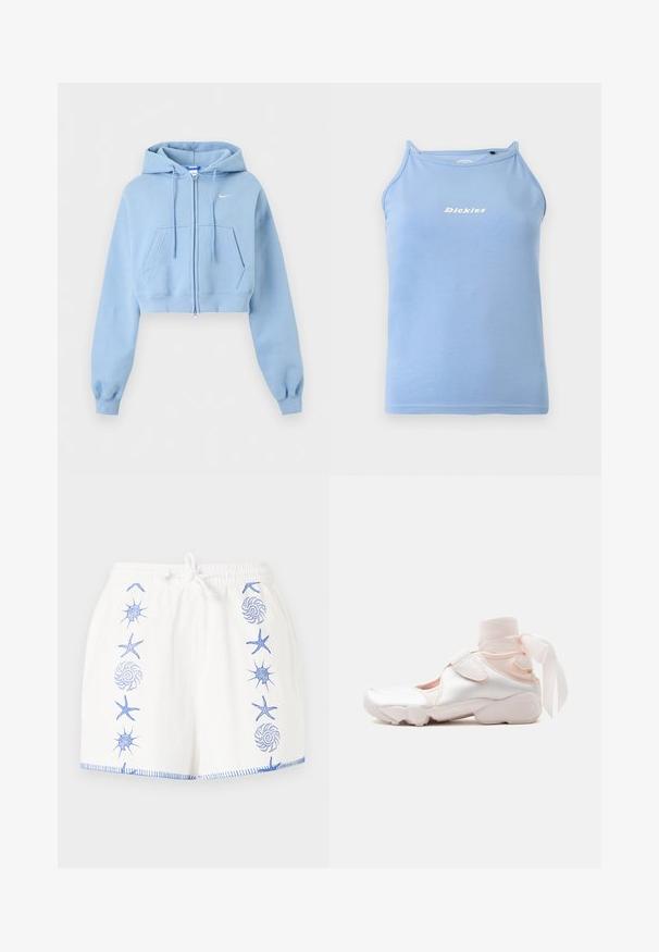 Sweat à capuche court bleu clair zippé, poches avant, capuche avec cordon de serrage, poignets côtelés et petit logo blanc Nike sur la poitrine.; Débardeur sans manches de la marque Dickies, bleu clair, avec des bretelles fines et un petit bouton noir près de l'encolure.; Shorts blancs avec des motifs marins bleus brodés, comprenant des étoiles de mer et des coquillages, et un cordon blanc à la taille élastique.; Baskets blanches et rose pâle avec un tour de cheville en tissu doux attaché en nœud, avec une bride ajustable et une semelle arrondie.