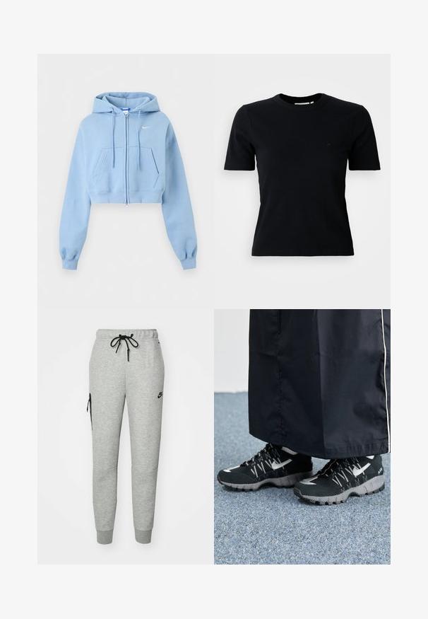 Lichtblauwe cropped zip-up hoodie met voorzakken, trekkoord in de capuchon, geribde boorden en klein wit Nike-logo op de borst.; Zwarte ribbel korte mouwen t-shirt met een ronde halslijn; heeft een subtiele logo op de borst; gemaakt van een zachte, gestructureerde stof.; Grijze sweatpants van zachte stof met een verstelbare tailleband, taps toelopende pijpen en een ritszak aan de linkerkant. Voorzien van een zwart logo.; Zwarte atletische schoenen met een gestructureerde bovenkant, zilveren accenten en een gestippelde loopzool, gecombineerd met een zwart lang kledingstuk. Geplaatst op een blauwe vloerbedekking.