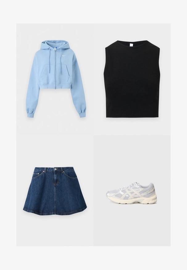 Sweat à capuche court bleu clair zippé, poches avant, capuche avec cordon de serrage, poignets côtelés et petit logo blanc Nike sur la poitrine.; Top court noir en tissu lisse et extensible. Il présente un col rond et un design sans manches avec une silhouette épurée et minimaliste.; Jupe en denim bleu foncé coupe trapèze avec poches avant, passants de ceinture, bouton et fermeture éclair, présentée sur fond blanc.; Chaussure de sport gris clair avec une tige en filet, des accents argentés, un bout arrondi et une semelle rembourrée. Dispose d'un laçage pour un ajustement sécurisé.