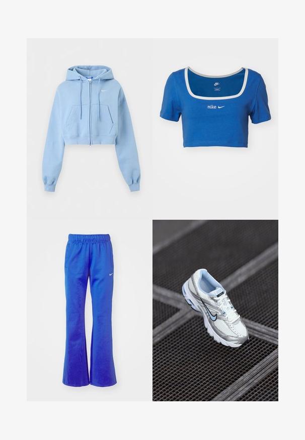 Hele sinine lühendatud lukuga kapuutsiga dressipluus, esiosas taskud, nööriga kapuuts, soonikkoes varrukasuu ja väike valge Nike logo rinnal.; Sinine lühikeste varrukatega lühike t-särk, mis on valmistatud pehmest puuvillast, ruudukujulise kaelusega ja valged logod rinnal ning krael.; Heledad sportlikud püksid eredas sinises, millel on elastne vöökoht, kaks küljetaskut ja väike valge logo esiküljel.; Valge võrkmaterjalist sportlik king, millel on hõbedased aktsendid, helesinine õmblus ja must swoosh logo. Omab pehmendustega krae ja tekstuurset tallat.