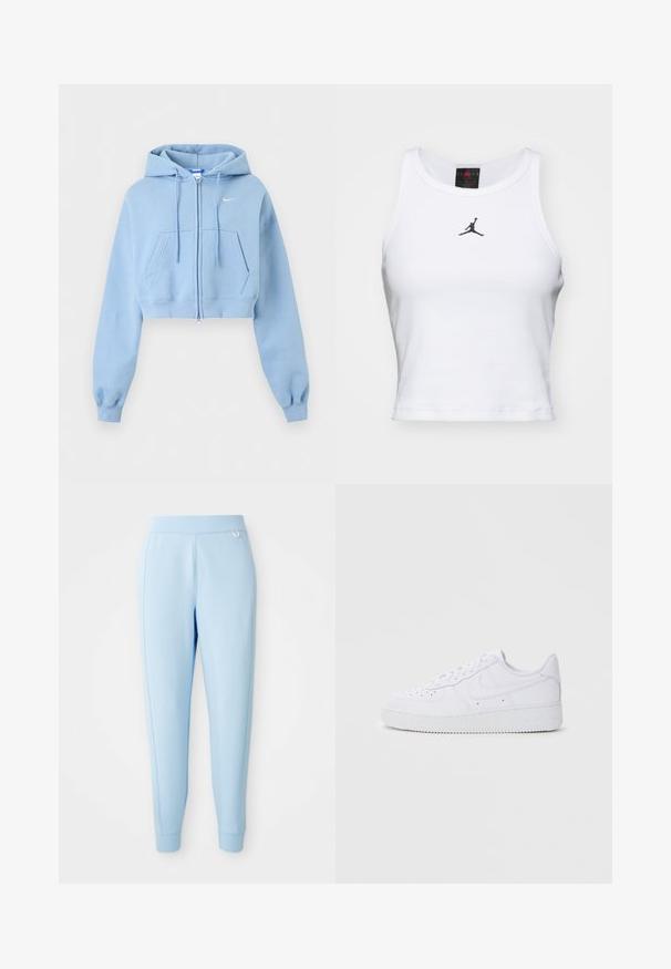 Sweat à capuche court bleu clair zippé, poches avant, capuche avec cordon de serrage, poignets côtelés et petit logo blanc Nike sur la poitrine.; Débardeur court blanc en coton avec une texture côtelée. Présente un logo Jordan noir au centre et une encolure ras du cou classique.; Pantalons de jogging bleu clair en matériau doux, avec une texture lisse, des jambes effilées et un accent de logo subtil sur le côté.; Baskets blanches Nike Air Force 1 avec tige en cuir, bout rond, fermeture à lacets, col rembourré et semelle en caoutchouc texturé.