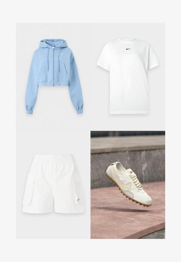Sudadera cropped azul claro con cremallera, bolsillos frontales, capucha con cordón, puños acanalados y pequeño logo blanco de Nike en el pecho.; Camiseta de manga corta blanca con cuello redondo y pequeño logo de Nike en negro centrado debajo del escote.; Bermudas blancas con una cinturilla elástica, dos bolsillos laterales y un pequeño logo negro en el lado inferior. Tela ligera, diseño casual.; Zapatilla deportiva blanca y beige con cordones y suela de goma flotando sobre una superficie de piedra con un fondo de hormigón desenfocado.