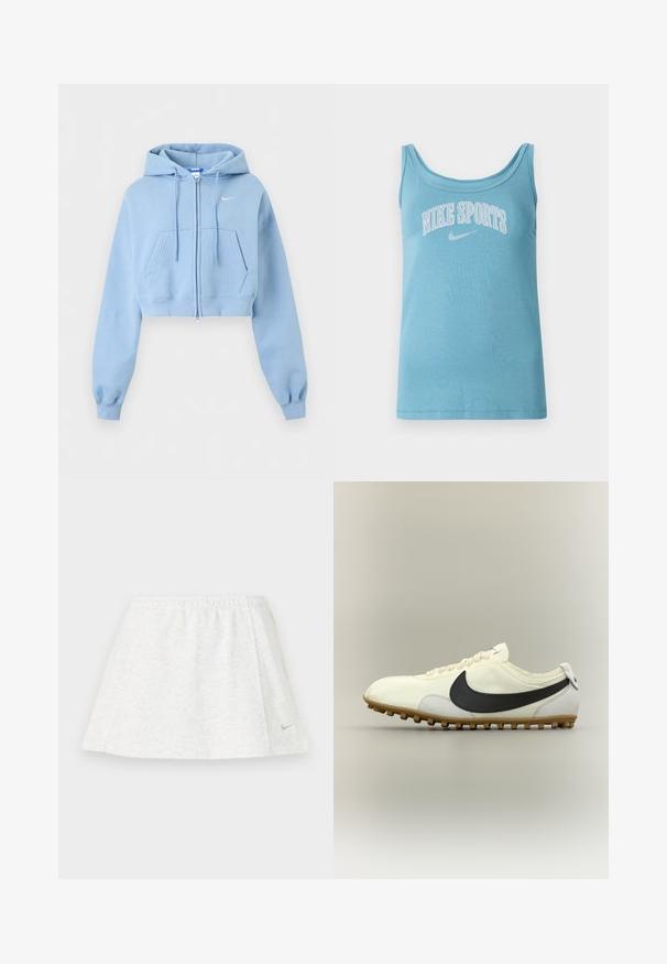 Svetlomodrá krátka mikina na zips s prednými vreckami, kapucňou so šnúrkou, rebrovanými lemami a malým bielym logom Nike na hrudi.; Svetlomodrá športová tielko s širším okrúhlym výstrihom, bez rukávov a s bielym nápisom "NIKE SPORTS" na hrudi. Mäkko bavlnený materiál.; Biely športový sukňový odev vyrobený z mäkkej a textúrovanej tkaniny, s elastickým pásom a malým zlatým logom Nike na leme.; Biela nízka športová obuv s čiernym logom Nike, gumovou podrážkou a bielymi šnúrkami, zobrazená na neutrálnej pozadí v bočnom pohľade.