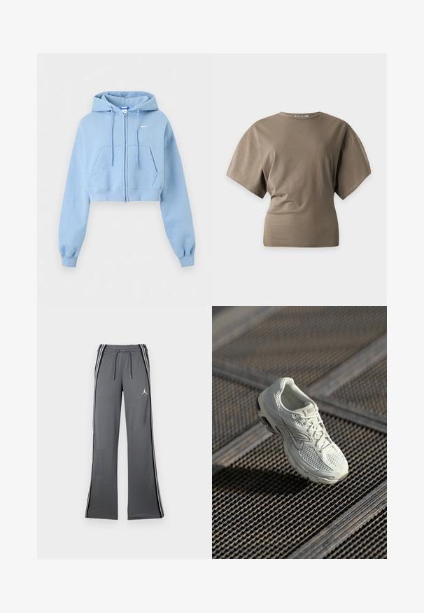 Lichtblauwe cropped zip-up hoodie met voorzakken, trekkoord in de capuchon, geribde boorden en klein wit Nike-logo op de borst.; Taupekleurig aansluitend T-shirt met korte mouwen, een ronde hals en licht gestructureerde schouders op een effen lichte achtergrond.; Grijze trainingsbroek met een koord in de taille, zijstrepen en een klein logo. Gemaakt van zacht materiaal, met een wijd pootontwerp en een gladde textuur.; Witte Nike hardloopschoen met bovenwerk van mesh en synthetisch materiaal, rustend op een metalen roostervloer in zacht natuurlijk licht.