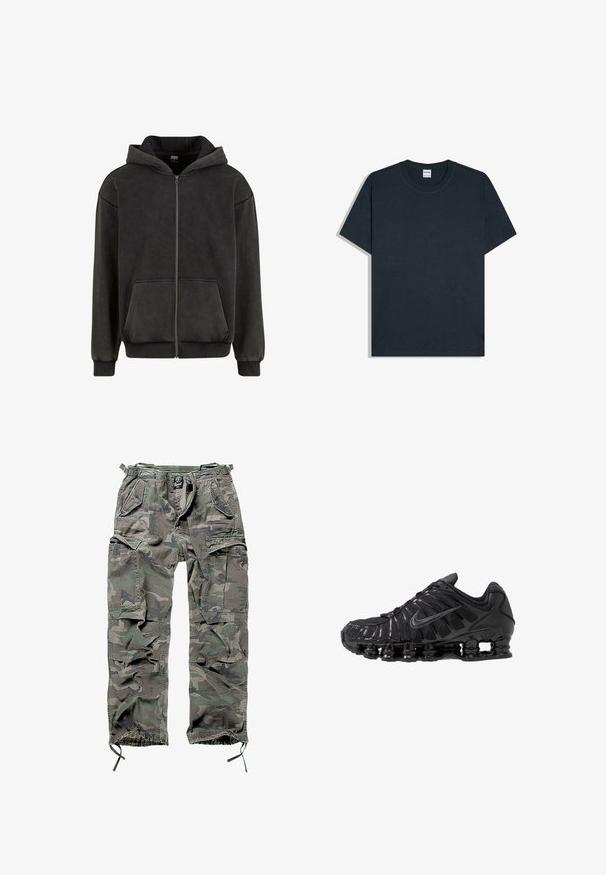 Urban Classics VINTAGE - Sweatjakke - magnet; Simpel mørk navyblå kortærmet bomuld T-shirt med rund hals og mærkeetiket ved halsudskæringen.; Camo cargo bukser i grøn og grå, med flere lommer, elastisk talje, justerbare ankelmanchetter og en afslappet pasform.; Sorte atletikskoser lavet af mesh og syntetiske materialer, med et karakteristisk bølget design, sort gummisål og reflekterende detaljer.