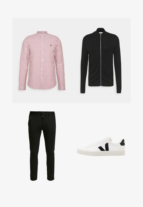 Lindbergh ZIP - Gilet - black; Chemise à manches longues rayée rouge et blanche avec col mandarin, fermeture par boutons et petit logo sur la poitrine. Tissu en coton.; Pantalon noir slim-fit en tissu doux. Il possède une fermeture éclair à bouton, deux poches latérales et une texture lisse et épurée.; Sneaker blanche en cuir avec des accents en daim noir ; dispose d'une semelle en caoutchouc, d'un bout rond et d'un design classique à lacets. Logo latéral en noir.