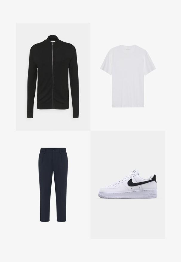 Lindbergh ZIP - Gilet - black; T-shirt en coton blanc à manches courtes, col rond et texture lisse. Présente un branding minimal au niveau du col.; Pantalon bleu marine foncé sur mesure avec fermeture par bouton et zip, passants de ceinture et jambes droites sur fond blanc.; Sneaker en cuir blanc avec un Swoosh noir texturé, des lacets plats et une semelle en caoutchouc avec un motif strié. "AIR" est embossé sur le talon.
