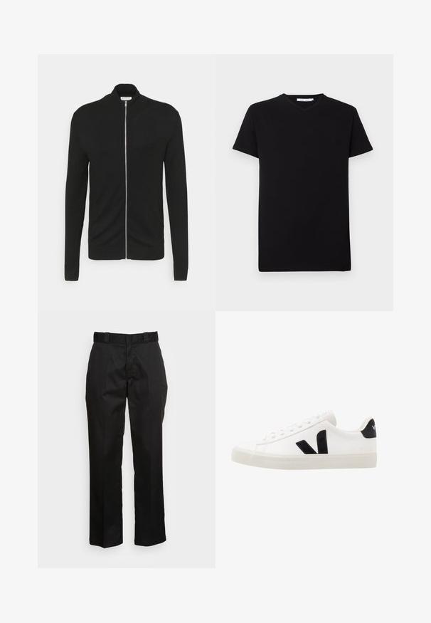 Lindbergh ZIP - Vest - black; Zwarte katoenen T-shirt met korte mouwen en een V-hals. Eenvoudig ontwerp, effen kleur en zachte textuur. Geen zichtbare patronen of accenten.; Zwarte broek van een gladde stof, met een rechte pijp ontwerp, riemlussen en twee zijzakken. Klassieke uitstraling zonder versieringen.; Witte leren sneaker met zwarte suède accenten; voorzien van een rubberen zool, ronde neus en een klassieke vetersluiting. Zijkant met logo in het zwart.