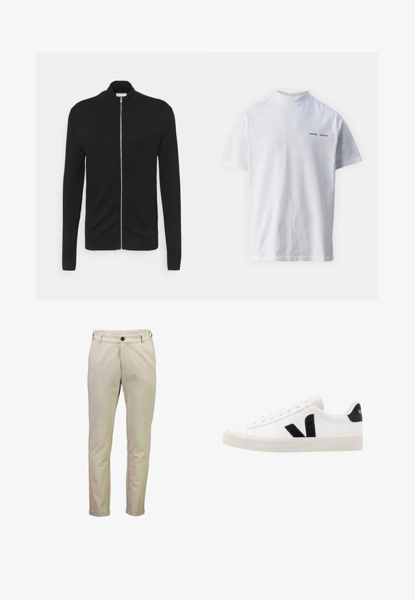 Lindbergh ZIP - Chaqueta de punto - black; Camisa de algodón blanca con un cuello alto y mangas cortas. Presenta el logo "SAMSØE SAMSØE" en negro en la parte delantera. Textura suave.; Pantalones ajustados beige con trabillas para cinturón, botón delantero, cierre de cremallera, bolsillos laterales y dobladillos con vuelta.; Zapatilla de cuero blanca con acentos de ante negro; presenta una suela de goma, puntera redonda y un diseño clásico de cordones. Logo lateral en negro.
