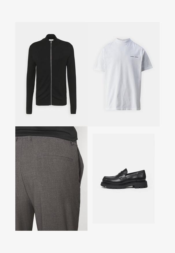 Lindbergh ZIP - Chaqueta de punto - black; Camisa de algodón blanca con un cuello alto y mangas cortas. Presenta el logo "SAMSØE SAMSØE" en negro en la parte delantera. Textura suave.; Pantalones grises ajustados con una textura suave, que cuentan con un bolsillo trasero y un diseño slim fit. La tela tiene un patrón sutil.; Mocasín negro de cuero con suela gruesa y acanalada y detalle de tira para moneda, mostrado en perfil lateral derecho sobre fondo blanco.