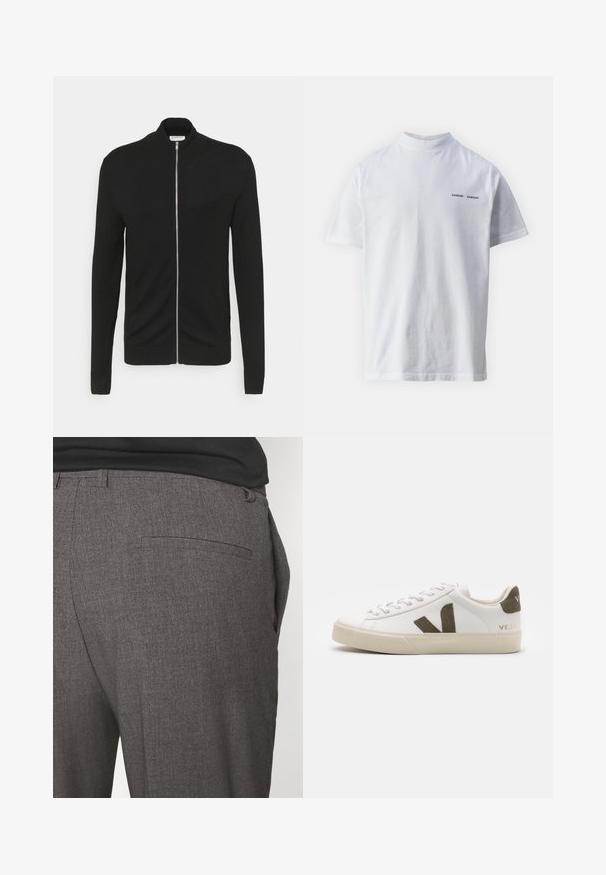 Lindbergh ZIP - Cardigan - black; Hvid bomulds t-shirt med høj halsudskæring og korte ærmer. Har "SAMSØE SAMSØE" logo i sort på forsiden. Glat tekstur.; Grå skræddersyede bukser med en glat tekstur, udstyret med en enkelt baglomme og et slim fit design. Stoffet har et subtilt mønster.; Hvide læder sneakers med en lys beige gummisål. Har en brun ruskinds V-logo og hælflap. Snørret lukning med en struktureret overflade.