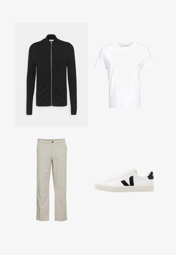 Lindbergh ZIP - Strickjacke - black; Weißes Baumwoll-T-Shirt mit rundem Ausschnitt und kurzen Ärmeln, im klassischen Schnitt und mit glatter Textur. Keine sichtbaren Muster oder Hardware.; Beige Baumwollhose mit geradem Bein, Fronttaschen und einem einzelnen Knopfverschluss. Glatte Textur und minimale Nähte.; Weiße Leder-Sneaker mit schwarzen Wildlederelementen; verfügen über eine Gummisohle, eine runde Spitze und ein klassisches Schnürdesign. Seitliches Logo in Schwarz.
