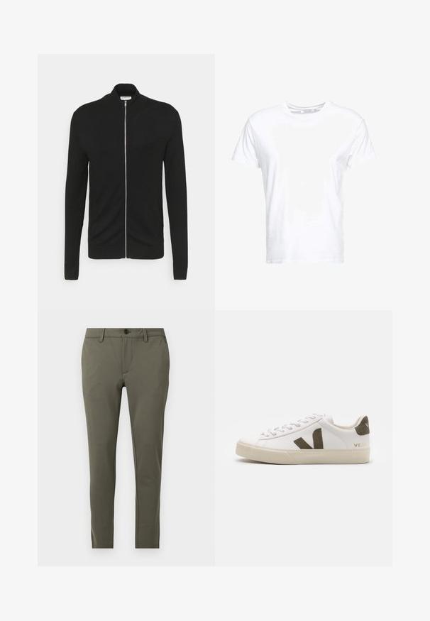 Lindbergh ZIP - Gilet - black; T-shirt en coton blanc avec un col rond et des manches courtes, au fit classique et à la texture lisse. Aucun motif ni accessoire visible.; Pantalon slim vert olive avec fermeture avant par bouton et zip, passants pour ceinture et poches latérales sur un fond uni clair.; Baskets en cuir blanc avec une semelle en caoutchouc beige clair. Présentent un logo en V en daim marron et une languette de talon. Fermeture à lacets avec une surface texturée.