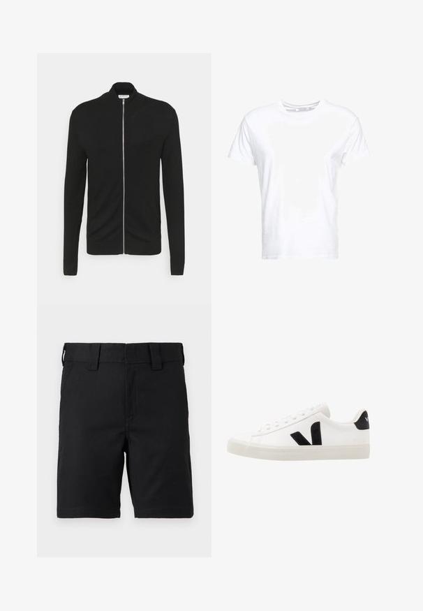 Lindbergh ZIP - Cardigan - black; Hvid bomulds t-shirt med rund halsudskæring og korte ærmer, i en klassisk pasform og glat tekstur. Ingen mønstre eller hardware synlige.; Sorte knælange shorts med bæltestropper og forlommer, lavet af robust stof, vist på en hvid baggrund.; Hvide lædersneakers med sorte ruskindsdetaljer; har en gummisål, rund tå og klassisk snørebåndsdesign. Side logo i sort.