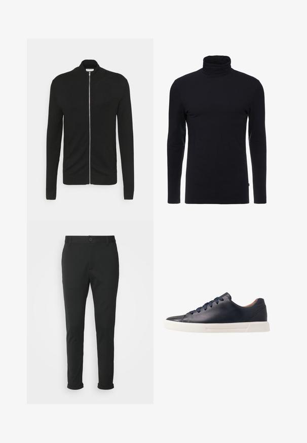 Lindbergh ZIP - Gilet - black; T-shirt noir à manches longues et col roulé en tissu doux et extensible. Présente un design ajusté et une texture lisse. Aucun motif ni accent visible.; Pantalons noirs en tissu lisse avec une coupe droite. Présentent une fermeture à bouton unique et des ourlets roulés.; Baskets en cuir bleu marine avec une finition lisse, semelle en caoutchouc blanc plat, bout arrondi et six lacets bleu marine passés à travers des œillets ronds.