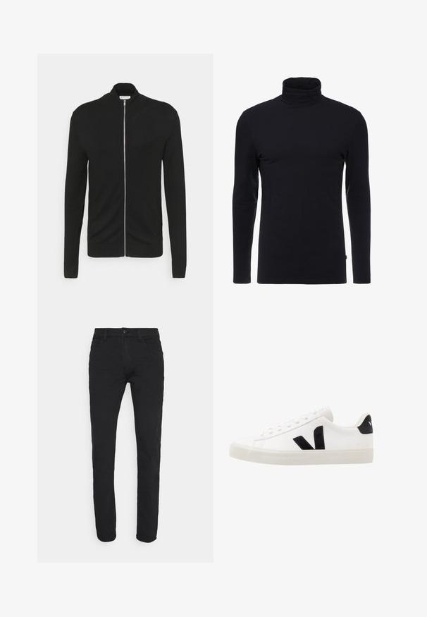 Lindbergh ZIP - Vest - black; Zwarte lange mouw turtleneck shirt gemaakt van zachte, rekbare stof. Heeft een aansluitend ontwerp en een gladde textuur. Geen zichtbare patronen of accenten.; Zwarte, slim-fit jeans gemaakt van een katoenmix. Voorzien van een knoopsluiting aan de voorkant, een vijf-pocket ontwerp en een soepele textuur.; Witte leren sneaker met zwarte suède accenten; voorzien van een rubberen zool, ronde neus en een klassieke vetersluiting. Zijkant met logo in het zwart.