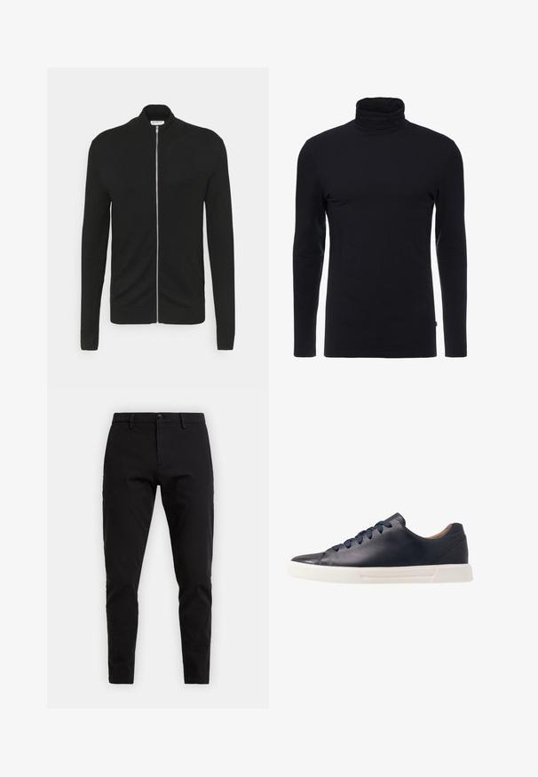 Lindbergh ZIP - Cardigan - black; Sort langærmet turtleneck skjorte lavet af blødt, strækbart stof. Har et tætsiddende design og en glat tekstur. Ingen synlige mønstre eller accenter.; Sorte bomuldsbukser med slim fit. Har knappelukning, bæltestropper og sidelommer. Glat tekstur uden synlige mønstre.; Marineblå lædersneakers med en glat overflade, flad hvid gummisål, rund tå og seks marineblå snørebånd, der er trukket gennem runde øjer.
