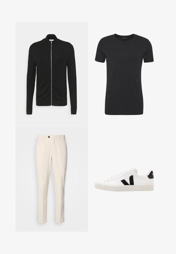 Lindbergh ZIP - Strickjacke - black; Schwarzes Baumwoll-T-Shirt mit Rundhalsausschnitt, kurzen Ärmeln und normaler Passform. Es bietet eine glatte Textur und ein minimalistisches Design.; Beige maßgeschneiderte Hosen mit flacher Vorderseite, Ein-Knopf-Verschluss und zwei schrägen Seitentaschen. Glattes Material mit schmaler Passform und spitz zulaufendem Bein.; Weiße Leder-Sneaker mit schwarzen Wildlederelementen; verfügen über eine Gummisohle, eine runde Spitze und ein klassisches Schnürdesign. Seitliches Logo in Schwarz.