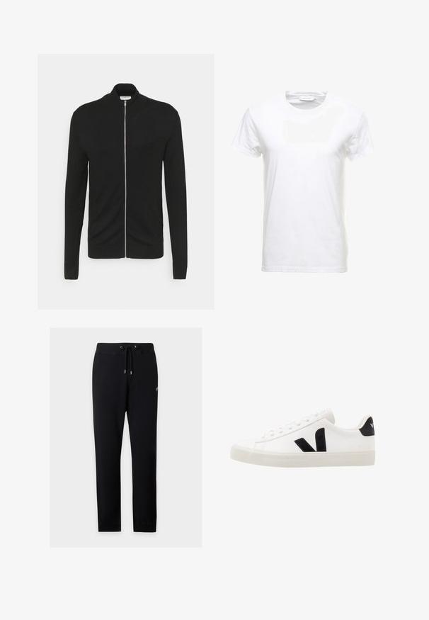 Lindbergh ZIP - Gilet - black; T-shirt en coton blanc à manches courtes, design col rond et texture lisse. Étiquette visible au niveau du col. Style simple et classique.; Pantalon de jogging noir à cordon avec taille et poignets élastiques, présenté sur fond gris clair.; Sneaker blanche en cuir avec des accents en daim noir ; dispose d'une semelle en caoutchouc, d'un bout rond et d'un design classique à lacets. Logo latéral en noir.