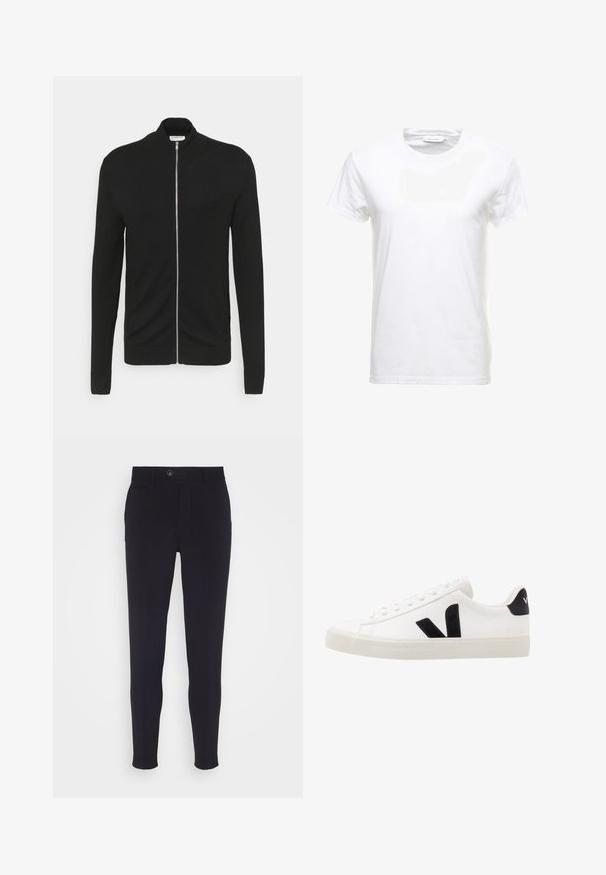 Lindbergh ZIP - Chaqueta de punto - black; Camiseta de algodón blanca con mangas cortas, diseño de cuello redondo y textura suave. Etiqueta visible en el cuello. Estilo simple y clásico.; Pantalones ajustados de color azul marino, con un corte slim, que cuentan con un cierre de botón, bolsillos laterales y una tela suave con una ligera textura.; Zapatilla de cuero blanca con acentos de ante negro; presenta una suela de goma, puntera redonda y un diseño clásico de cordones. Logo lateral en negro.