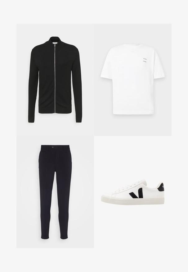 Lindbergh ZIP - Vest - black; Witte katoenen t-shirt met een relaxed fit, korte mouwen en een V-hals. Bevat twee kleine zwarte bedrukte logo's aan de linkerkant.; Marinelblauwe tailored broek met een slim fit, voorzien van een knoopsluiting, zijzakken en een gladde, licht gestructureerde stof.; Witte leren sneaker met zwarte suède accenten; voorzien van een rubberen zool, ronde neus en een klassieke vetersluiting. Zijkant met logo in het zwart.