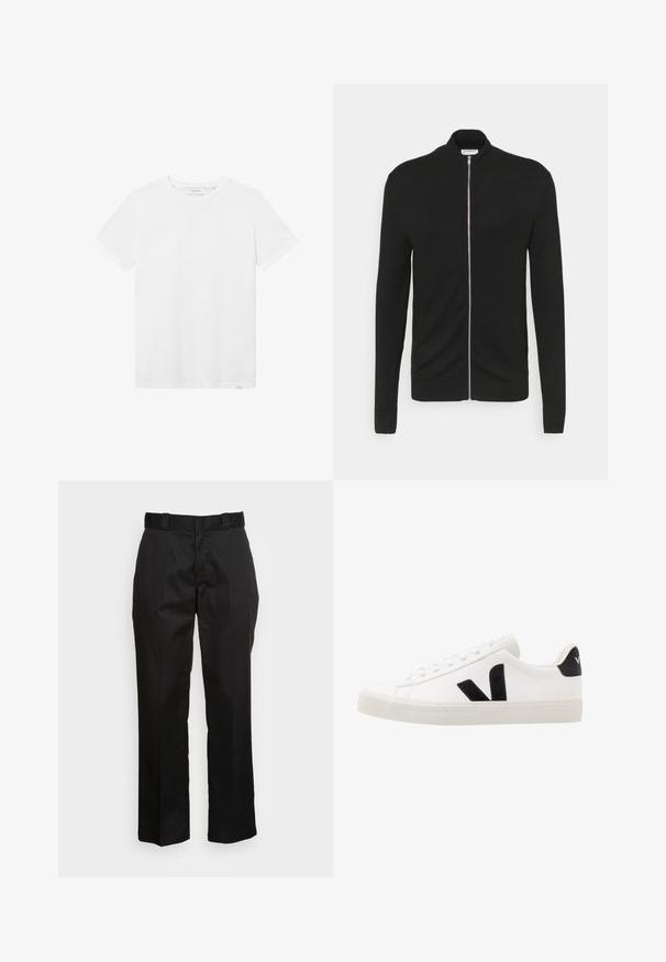 Lindbergh ZIP - Chaqueta de punto - black; Camiseta de algodón blanca con cuello redondo, mangas cortas y un sutil detalle del logo en el pecho. Textura suave y ajuste estándar.; Pantalones negros hechos de una tela suave, con un diseño de pierna recta, trabillas para cinturón y dos bolsillos laterales. Un aspecto clásico sin adornos.; Zapatilla de cuero blanca con acentos de ante negro; presenta una suela de goma, puntera redonda y un diseño clásico de cordones. Logo lateral en negro.