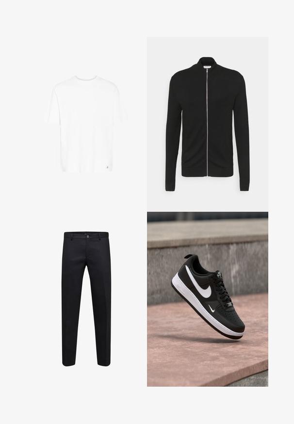Lindbergh ZIP - Cardigan - black; Hvid t-shirt med korte ærmer i blød bomuldsblanding. Har en rund hals og et diskret logo ved bunden af kanten. Lige snit og afslappet pasform.; Sorte formelle bukser med knap og lynlås, lige snit og bæltestropper, vist på hvid baggrund.; Sort-hvid Nike Air Force 1 sneaker svævende over en lyserød betonflade med en grå stenbaggrund.