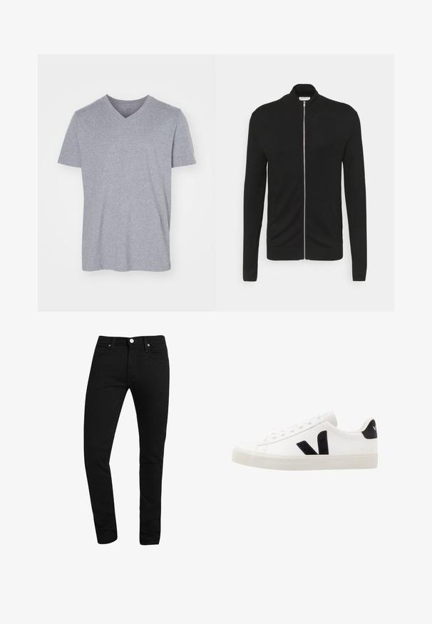 Lindbergh ZIP - Strickjacke - black; Graues Baumwoll-T-shirt mit V-Ausschnitt, kurzen Ärmeln und lockerem Schnitt. Weicher, leichter Stoff ohne sichtbare Muster oder Verzierungen.; Schwarze Slim-Fit-Jeans mit Fronttaschen, Gürtelschlaufen, Knopfverschluss und sichtbarer Naht auf weißem Hintergrund.; Weiße Leder-Sneaker mit schwarzen Wildlederelementen; verfügen über eine Gummisohle, eine runde Spitze und ein klassisches Schnürdesign. Seitliches Logo in Schwarz.
