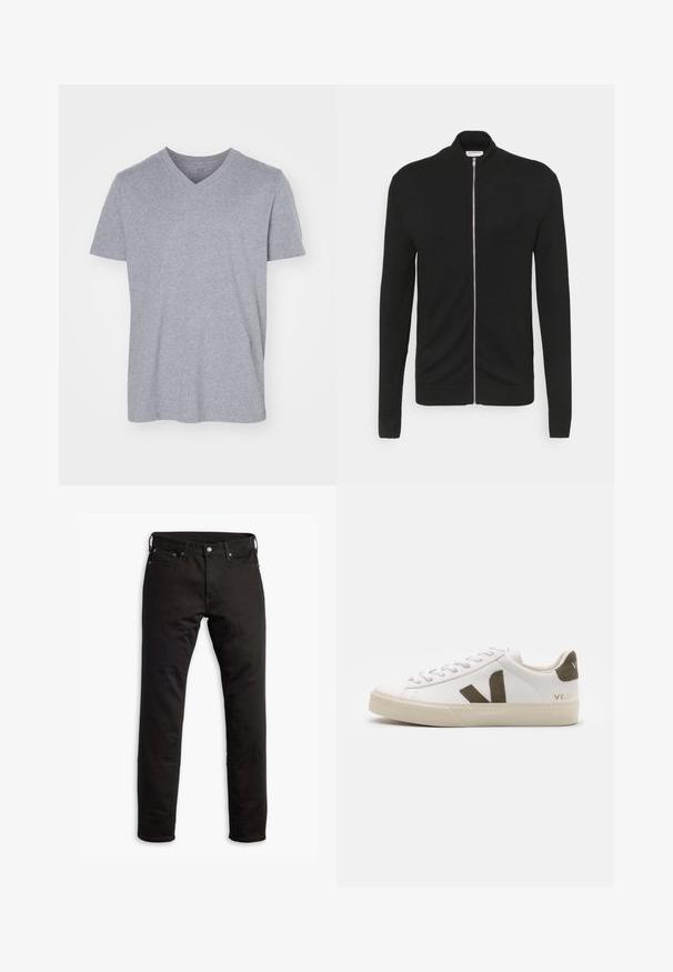 Lindbergh ZIP - Strickjacke - black; Graues Baumwoll-T-shirt mit V-Ausschnitt, kurzen Ärmeln und lockerem Schnitt. Weicher, leichter Stoff ohne sichtbare Muster oder Verzierungen.; Schwarze Denim-Jeans mit geradem Bein, Fronttaschen und Knopfverschluss. Der Stoff hat eine glatte Textur und minimale Details.; Weiße Leder-Sneaker mit einer hellbeigen Gummisohle. Mit braunem Wildleder-V-Logo und Fersenlasche. Schnürverschluss mit texturierter Oberfläche.