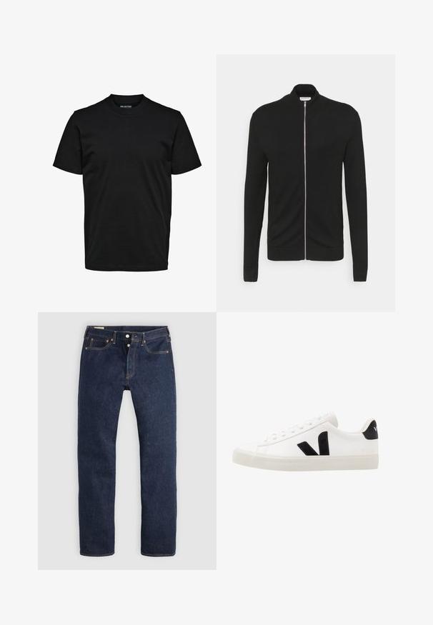 Lindbergh ZIP - Cardigan - black; Simpel sort T-shirt med korte ærmer, rund hals og almindelig pasform uden synlige mønstre eller logoer.; Mørkeblå jeans med lige ben, knaplukning, for- og baglommer samt kontrastsyning, lagt fladt på en lys baggrund.; Hvide lædersneakers med sorte ruskindsdetaljer; har en gummisål, rund tå og klassisk snørebåndsdesign. Side logo i sort.