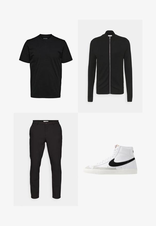 Lindbergh ZIP - Cardigan - black; Simpel sort T-shirt med korte ærmer, rund hals og almindelig pasform uden synlige mønstre eller logoer.; Sorte skræddersyede bukser med slim fit. Har lynlås, knaplukning, sidelommer og et glat, let stof.; Hvide høje sneakers med et sort swoosh, struktureret grå tåhætte og flad hvid sål. Har seks snørrehuller og syede detaljer.
