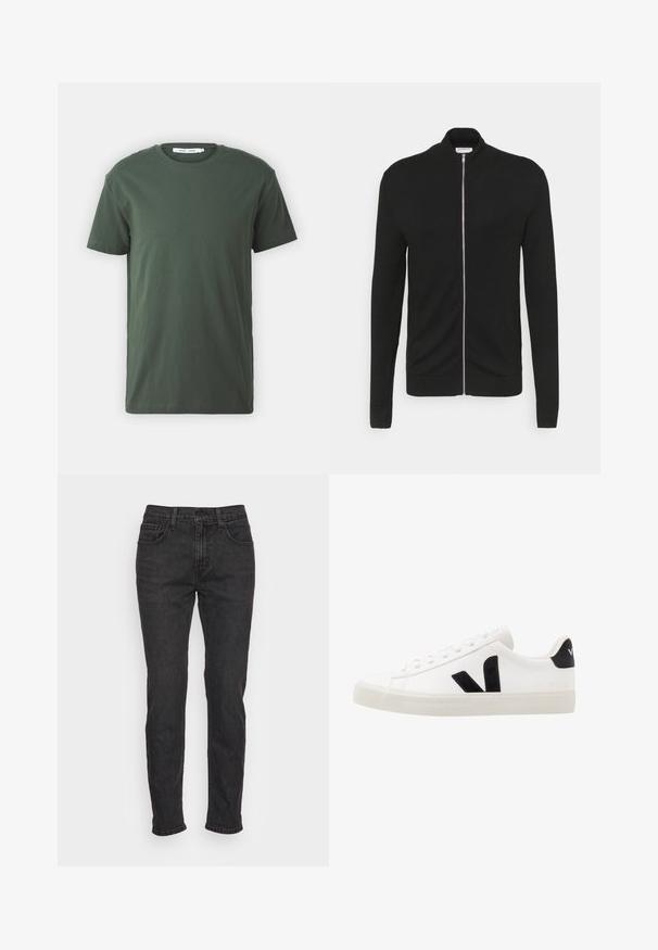 Lindbergh ZIP - Gilet - black; T-shirt en coton vert foncé, à manches courtes, col rond, coupe décontractée, design uni et texture lisse sans motifs ni accents visibles.; Jean en denim noir avec une coupe ajustée, comportant cinq poches, des passants de ceinture et des détails de couture subtils. Texture usée sur le tissu.; Sneaker blanche en cuir avec des accents en daim noir ; dispose d'une semelle en caoutchouc, d'un bout rond et d'un design classique à lacets. Logo latéral en noir.
