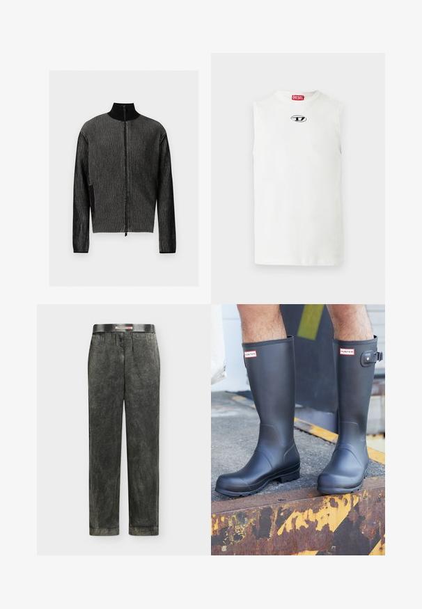 Sort sweater med lynlås med vertikale grå ribstriber og høj krave, vist forfra på hvid baggrund.; Hvid ærmeløs t-shirt af bomuld med rund halsudskæring og et sort og blåt logo på brystet.; Mørkegrå bukser med lige ben med en krøllet tekstur og en elastisk linning med et Diesel Industry-mærke.; Person iført sorte Hunter regnstøvler stående på en rusten metalrand med gule og sorte advarselsmærker.