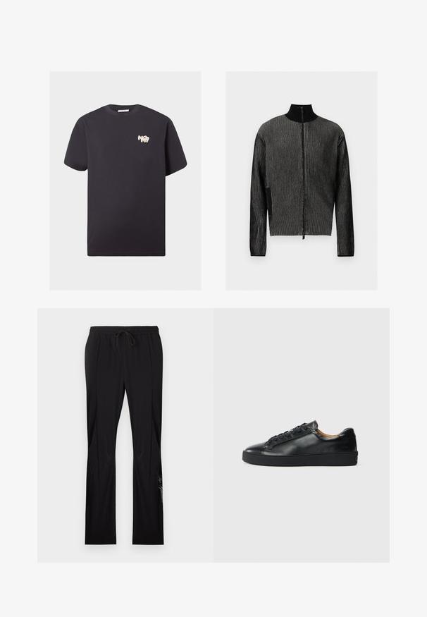 Pull noir zippé avec des rayures verticales grises côtelées et un col montant, présenté de face sur fond blanc.; T-shirt noir en coton à manches courtes avec col rond et petit logo blanc "N°7" sur la partie haute gauche de la poitrine.; Pantalon noir à jambes droites avec taille élastique et cordon de serrage, présentant des coutures verticales discrètes et un texte logo sur la partie inférieure de la jambe gauche.; Baskets en cuir noir avec une texture lisse, bout rond et fermeture à lacets. Comprend une semelle en caoutchouc épaisse et un minimum de détails de marque.