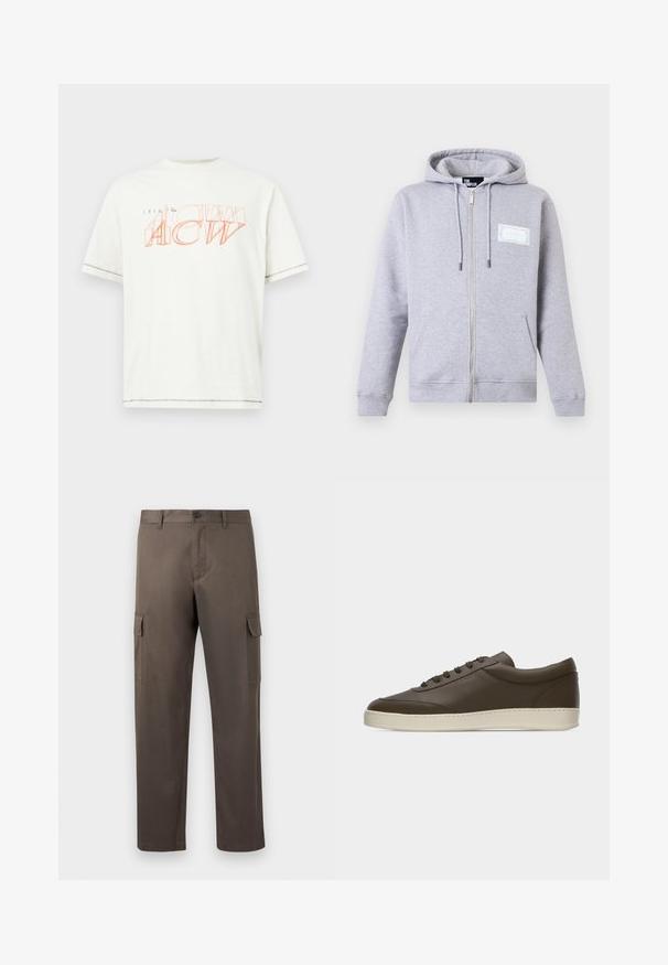 Lichtgrijze hoodie met ritssluiting, voorzakken, capuchon met trekkoord en een kleine witte rechthoekige patch op de linkerborst.; Witte kortekorte mouwen t-shirt van katoen. Bevat overlappende, omlijnde tekst in oranje. Rechte zoom met een subtiele stikdetail.; Cargo broeken in een gedempte bruine kleur, gemaakt van soepel katoenen materiaal, met zijzakken en een rechte pijpontwerp.; Donkerbruine leren lage sneaker met veters aan de voorkant en een crèmekleurige rubberen zool, getoond vanaf de buitenkant tegen een witte achtergrond.