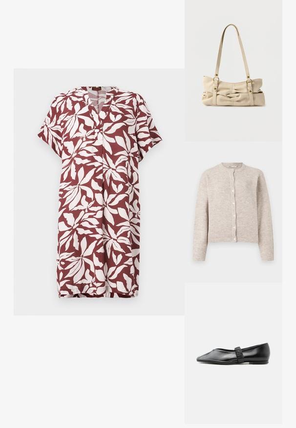 Beige strikket cardigan med rund hals, lange ærmer, knaplukning foran og ribbede mansjetter og kant. Blødt, tekstureret stof.; Bordeauxkjole med hvid bladmønster, korte ærmer, V-hals og lige snit. Fremstillet af let stof, velegnet til varmt vejr.; Sort læder flad sko med en rynket rem over toppen og en let spids tå, vist mod en ensfarvet baggrund.; Beige håndtaske i kunstlæder med to lange stropper, rynket tekstur og messing hardware-detaljer. Designet med en bred, blød form.