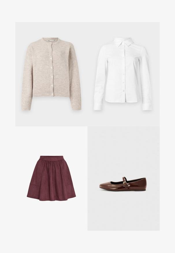 Beige Strickjacke mit Rundhalsausschnitt, langen Ärmeln, vorderem Knopfverschluss sowie gerippten Bündchen und Saum. Weicher, strukturierter Stoff.; Weißes langärmeliges Hemd mit spitzem Kragen, geradem Saum und taillierter Silhouette, auf hellem, einfarbigem Hintergrund dargestellt.; Bordauxfarbene Wildlederrock mit ausgestellter Form, elastischem Bund und zwei Seitentaschen. Er zeichnet sich durch eine weiche Textur und ein minimalistisches Design aus.; Braune Lackleder-Ballerinas mit quadratischer Zehenform und Riemen mit einer kleinen goldenen Schnalle. Glatte Textur, niedriger Absatz und minimalistisches Design.